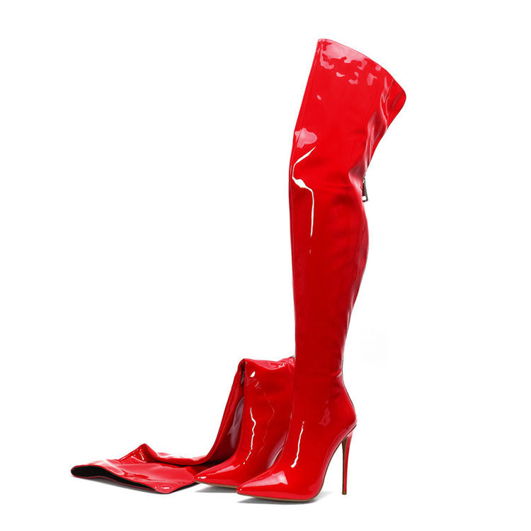 Pointy Back Zipper Stiletto Skinny Leg Boots Women's Over-the-knee Shiny Leather Boots